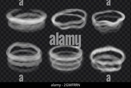 Realistische Wind-, Dampf- oder Rauchkreise, Wirbel und Ringe. Runder Dampf, spiralförmige Nebelwolken, Vape-Kreis. 3D-Eiseffekt-Vektor eingestellt Stock Vektor