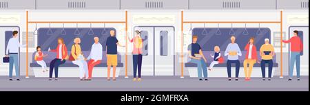 Passagieraufkommen in U-Bahn oder Stadtbus. Cartoon Menschen stehen und sitzen in öffentlichen Verkehrsmitteln. Reisen mit Metro Auto Vektor-Konzept Stock Vektor