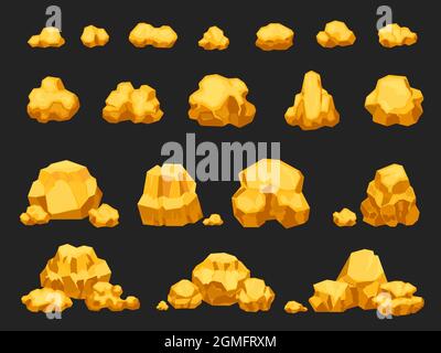 Cartoon Goldmine Nuggets, Felsbrocken, Steine und Haufen. Natürlicher, glänzender, fester goldener Steinhaufen. Jewel Nugget Symbole für Bergmann Spiel Vektor-Set Stock Vektor