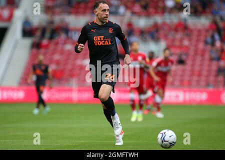 MIDDLESBROUGH, GROSSBRITANNIEN. SEPTEMBER. Richard Keogh von Blackpool während des Sky Bet Championship-Spiels zwischen Middlesbrough und Blackpool im Riverside Stadium, Middlesbrough, am Samstag, dem 18. September 2021. (Kredit: Michael Driver | MI Nachrichten) Kredit: MI Nachrichten & Sport /Alamy Live Nachrichten Stockfoto