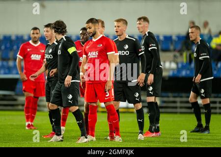 Randers, Dänemark. September 2021. Pantelis Hatzidiakos (3) von AZ Alkmaar während des UEFA Europa Conference League-Spiels zwischen dem FC Randers und AZ Alkmaar im Cepheus Park in Randers. (Foto: Gonzales Photo - Balazs Popal). Stockfoto