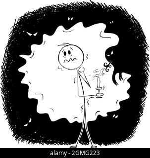 Erschrockener Mann im Dunkeln mit Geister und Monster, die Kerze halten, Vektor-Cartoon-Stick-Abbildung Stock Vektor