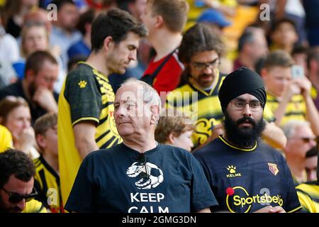 Norwich, Großbritannien. September 2021. Watford-Fans vor dem Premier League-Spiel zwischen Norwich City und Watford in der Carrow Road am 18. September 2021 in Norwich, England. (Foto von Mick Kearns/phcimages.com) Credit: PHC Images/Alamy Live News Stockfoto