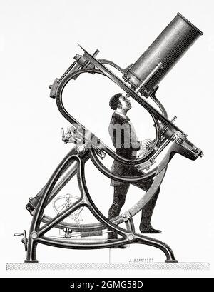 Kurzfokussenteleskop, von M. Jaubert. Paris, Astronomisches Observatorium Trocadero. Alte, gravierte Illustration aus dem 19. Jahrhundert von La Ilustración Artística 1882 Stockfoto