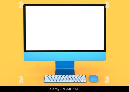 Realistisches blaues Computerdisplay mit Tastatur und Maus auf orangefarbenem Hintergrund. 3D-Rendering des Monitors für den Heimstudio-Arbeitsplatz Stockfoto