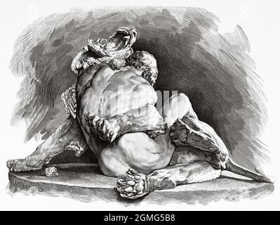 Skulptur eines deutschen Sklaven, der im Zirkus von Rom gegen einen Löwen kämpft, Bronze von M Klein. Alte, gravierte Illustration aus dem 19. Jahrhundert von La Ilustración Artística 1882 Stockfoto