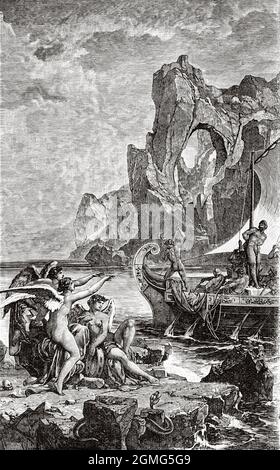 Ulysses und die Sirenen. Die Odyssee, griechische Mythologie Charakter. Antike Griechische Geschichte. Alte, gravierte Illustration aus dem 19. Jahrhundert von La Ilustración Artística 1882 Stockfoto