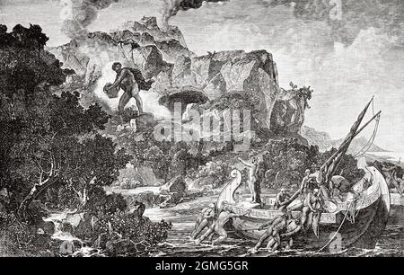 Odysseus und Polyphemus. Ulysses im Land der Zyklopen. Alte, gravierte Illustration aus dem 19. Jahrhundert von La Ilustración Artística 1882 Stockfoto