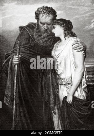 Ödipus und Antigone, Gemälde von Emil Teschendorff (1833-1894) war ein deutscher Maler. Alte, gravierte Illustration aus dem 19. Jahrhundert von La Ilustración Artística 1882 Stockfoto