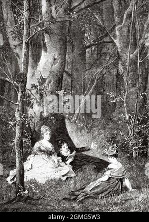 Frauen lesen einen Roman im Wald, Gemälde von Friedrich August von Kaulbach. Fritz August von Kaulbach (185-1920), war ein deutscher Maler. Alte, gravierte Illustration aus dem 19. Jahrhundert von La Ilustración Artística 1882 Stockfoto