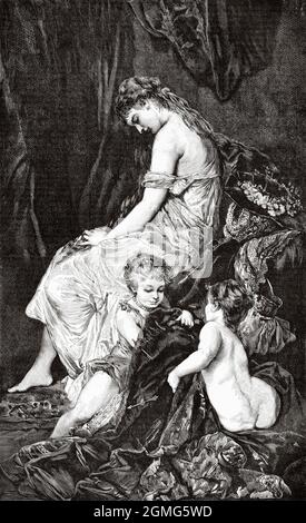 Der Traum, Gemälde von Hans Makart (1840-1884) war ein österreichischer akademischer Dekorator, Designer und Geschichtsmaler des 19. Jahrhunderts. Alte, gravierte Illustration aus dem 19. Jahrhundert von La Ilustración Artística 1882 Stockfoto