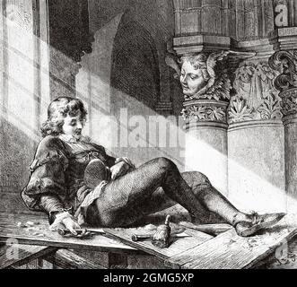 Der Traum des Steinmetzes, gemalt von Philipp Grot Johann. Philipp Grotjohann (1841-892) war einer der prominentesten deutschen Illustratoren seiner Zeit. Er illustrierte zahlreiche Ausgaben von Weltklasse-Literatur, ist aber wahrscheinlich am besten bekannt für seine Illustrationen von Grimms Märchen. Alte, gravierte Illustration aus dem 19. Jahrhundert von La Ilustración Artística 1882 Stockfoto