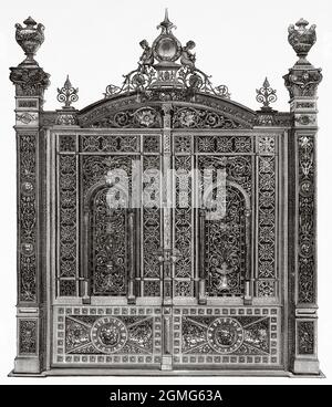 Eisernes Tor zum Haus des österreichischen Architekten Otto Koloman Wagner (1841-1918) Alte gravierte Illustration aus dem 19. Jahrhundert von La Ilustración Artística 1882 Stockfoto