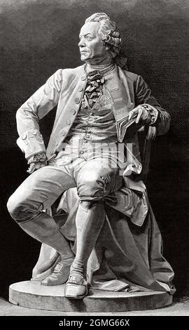 Statue von Gotthold Ephraim Lessing (1729-1781) Hamburg. Deutschland, Skulptur von Fritz Schaper (1841-1919) war ein deutscher Bildhauer. Alte, gravierte Illustration aus dem 19. Jahrhundert von La Ilustración Artística 1882 Stockfoto