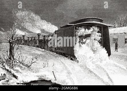 Amerikanischer Schneepflug, der die Strecke unter dem Einsatz von drei Lokomotiven, USA, freilegt. Alte, gravierte Illustration aus dem 19. Jahrhundert von La Nature 1883 Stockfoto