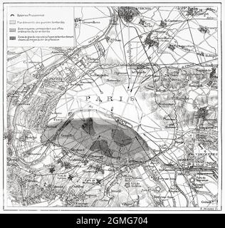 Karte von Paris bombardiert im Jahr 1871, Frankreich. Europa. Alte, gravierte Illustration aus dem 19. Jahrhundert von La Nature 1883 Stockfoto