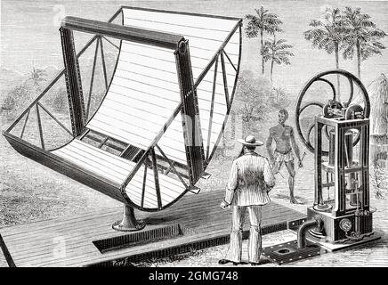 Die Solarmaschine experimentierte 1883 von John Ericsson (1803 -1889), einem amerikanischen Ingenieur schwedischer Herkunft, einem der Väter der Nutzung von Sonnenenergie. Der verwendete Reflektor mit versilberten Glasplatten, um die Wärme von Sun auf einen Zylinder mit Wasser zu reflektieren und so Dampf zu erzeugen, um eine Pumpe zu treiben. Alte, gravierte Illustration aus dem 19. Jahrhundert von La Nature 1883 Stockfoto