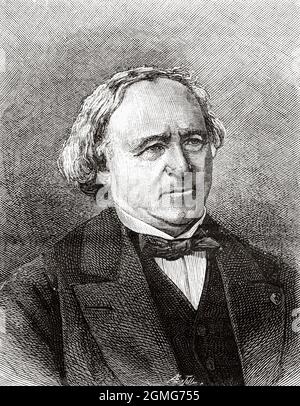 Porträt von Jean Baptiste André Dumas (1800-1884) war ein französischer Chemiker, der für seine Arbeiten zur organischen Analyse und Synthese sowie zur Bestimmung von atomaren Gewichten bekannt war. Frankreich, Europa. Alte, gravierte Illustration aus dem 19. Jahrhundert von La Nature 1883 Stockfoto