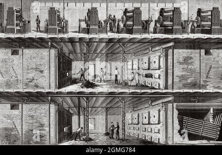 Edison System zentrale Stromverteilerstation in New York, Installation von Kesseln und Dampfdynamiken, USA. Alte, gravierte Illustration aus dem 19. Jahrhundert von La Nature 1883 Stockfoto