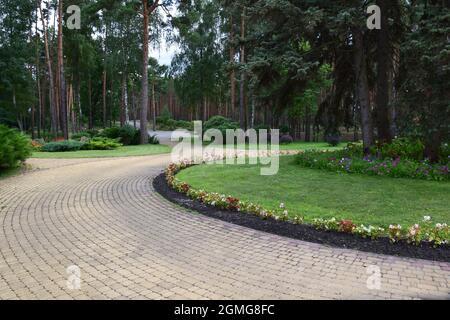 Sommerweg im Park, mit Pflasterplatten gesäumt. An den Seiten wachsen Blumen und Sträucher Stockfoto