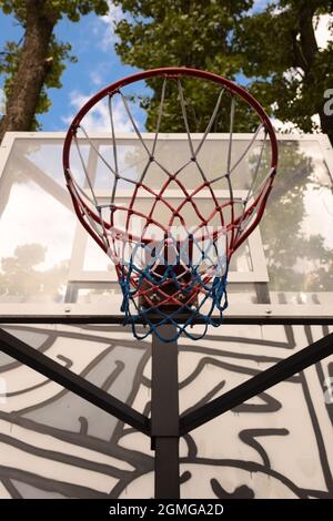 Basketball-Korb und Backboard gegen den blauen Himmel mit Wolken und Bäumen. Fotografiert von unter dem Schild, von unten Stockfoto