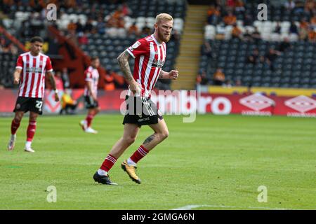 KINGSTON UPON HULL, GROSSBRITANNIEN. 18. SEPTEMBER - Oli McBurnie von Sheffield United (9) während des Sky Bet Championship-Spiels zwischen Hull City und Sheffield United im KC Stadium, Kingston upon Hull am Samstag, dem 18. September 2021. (Kredit: Emily Moorby | MI Nachrichten) Kredit: MI Nachrichten & Sport /Alamy Live Nachrichten Stockfoto