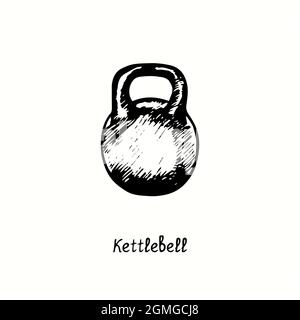 Kettlebell. Tusche schwarz-weiße Doodle Zeichnung im Holzschnitt-Stil. Stockfoto