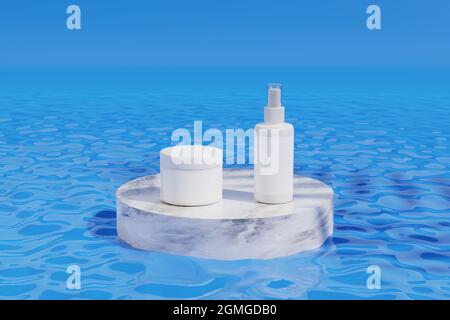 Set von Kosmetika auf Marmor Podium auf Wasser. 3d-Illustration. Stockfoto