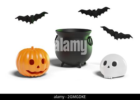 Halloween Stillleben. Kessel, Kürbis, Schädel und Fledermäuse isoliert auf weißer 3d-Illustration. Hintergrund. Stockfoto