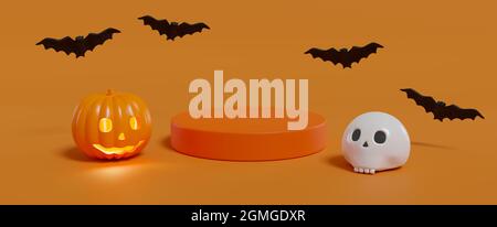 Halloween-Podium. Kürbis, Schädel und Fledermäuse auf orangefarbenem Hintergrund. 3d-Illustration. Stockfoto