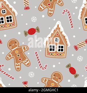 Weihnachtliches Nahtmuster. Lebkuchenmann, Zuckerrohr, Lebkuchenhaus, Süßigkeiten, Schneeflocken auf grauem Hintergrund Stock Vektor