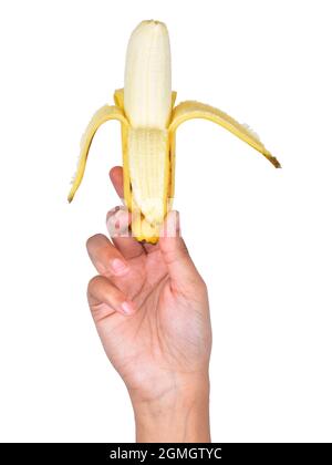 peeled banana in hand isolated on white background Stockfoto