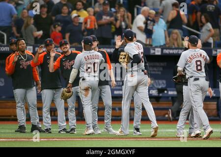 St. Petersburg, Florida. USA; die Detroit Tigers bullpen ihre Mannschaftskameraden, die nach einem Baseballspiel der Major League gegen die Ta vom Feld kommen Stockfoto