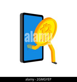 Bitcoin weglaufen Smartphone. Konzept, Geld im Internet mit Kryptowährung zu verdienen. Die Kryptowährung läuft auf Sie zu Stock Vektor