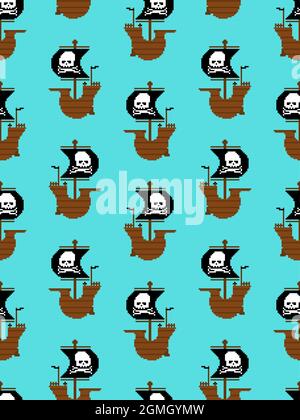 Piratenschiff Pixel Art Muster nahtlos. Piraten 8 Bit Hintergrund. Pixelige Vektorstruktur Stock Vektor