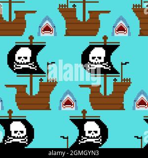Piratenschiff Pixel Art Muster nahtlos. Piraten 8 Bit Hintergrund. Pixelige Vektorstruktur Stock Vektor