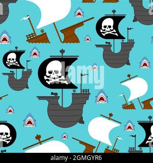 Piratenschiff und Hai-Muster nahtlos. Hintergrund Stock Vektor