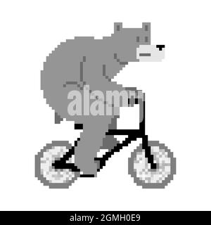 Bär auf Fahrrad Pixel-Kunst. Pixelated Beast fährt Fahrrad. 8 Bit Cartoon Kinder Illustration Stock Vektor