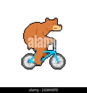 Bär auf Fahrrad Pixel-Kunst. Pixelated Beast fährt Fahrrad. 8 Bit Cartoon Kinder Illustration Stock Vektor