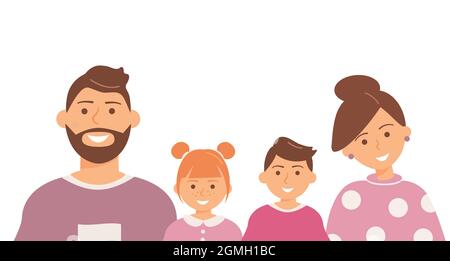 Fröhliches niedliches Familienportrait von Eltern und Kindern: Vater, Mutter, Sohn und Tochter auf weißem Hintergrund isoliert. Vierköpfige Familie. Moderne Wohnung Stockfoto