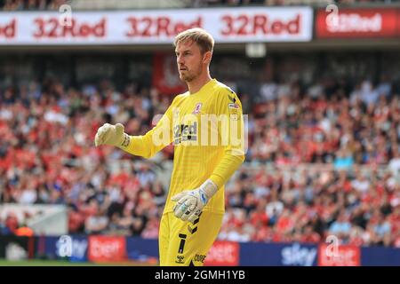 Middlesbrough, Großbritannien. September 2021. Joe Lumley #1 von Middlesbrough während des Spiels in Middlesbrough, Vereinigtes Königreich am 9/18/2021. (Foto von Mark Cosgrove/News Images/Sipa USA) Quelle: SIPA USA/Alamy Live News Stockfoto