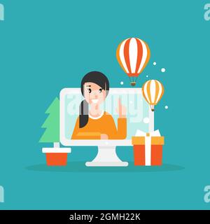 Happy Freelancer Mädchen auf Computer-Bildschirm mit Geschenkbox und Fichte. Flache Vektor-Illustration. Weihnachten Urlaub zu Hause arbeiten, online, Internet, Remote-Job Stock Vektor