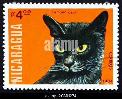 NICARAGUA - UM 1984: Eine Briefmarke, gedruckt in Blue Burmese, Domestic Cat, um 1984 Stockfoto