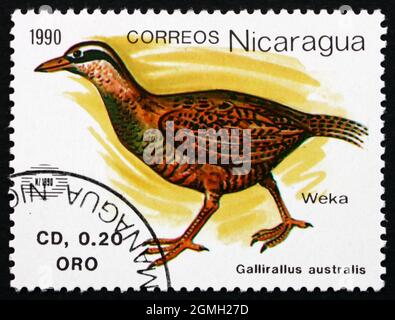 NICARAGUA - UM 1990: Eine in Nicaragua gedruckte Marke Weka oder Woodhen, Gallirallus Australis, flugunser Vogel endemisch in Neuseeland, um 1990 Stockfoto