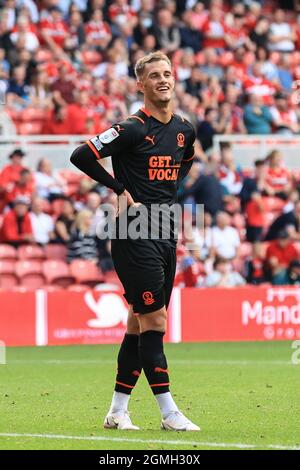 Middlesbrough, Großbritannien. September 2021. Jerry Yates #9 von Blackpool während des Spiels in Middlesbrough, Vereinigtes Königreich am 9/18/2021. (Foto von Mark Cosgrove/News Images/Sipa USA) Quelle: SIPA USA/Alamy Live News Stockfoto