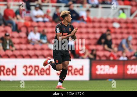 Middlesbrough, Großbritannien. September 2021. Jordan Gabriel #4 von Blackpool während des Spiels in Middlesbrough, Großbritannien am 9/18/2021. (Foto von Mark Cosgrove/News Images/Sipa USA) Quelle: SIPA USA/Alamy Live News Stockfoto