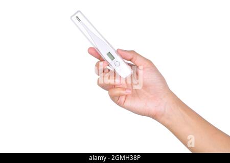 Digitales Thermometer in der Hand isoliert auf weißem Hintergrund mit Beschneidungspfad Stockfoto