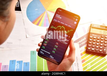 Analyse Diagramm auf Smartphone, Investitionen auf Smartphone Stockfoto