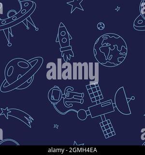 Space Nahtloses Muster. Hand zeichnen Raum Illustration mit einer Rakete, Astronaut, Planeten und Aliens. Niedliche, Kinder s Vektor Zeichnung über Raumschiffe Stock Vektor