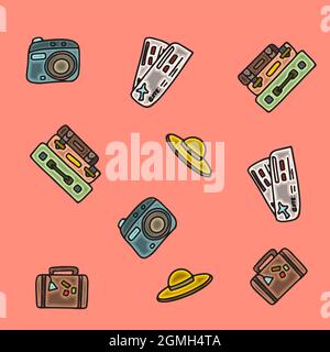 Nahtloses Sommermuster. Handzeichzubehör für Strandurlaub am Meer. Doodle Illustration für Anzeigen, Web, Flyer und Banner. Satz von gezeichnet von Stock Vektor